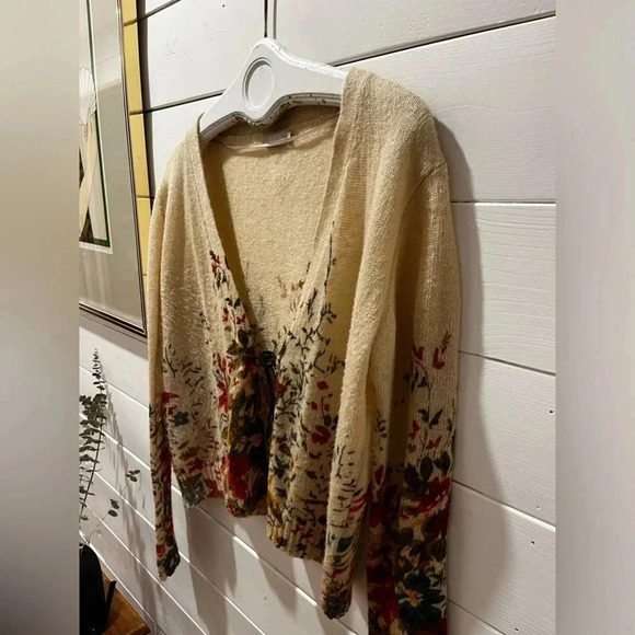 #101 JACQUELINE RIU Tan & flowers pattern cardigan blend wool & mohair size XL - Picture 8 of 11